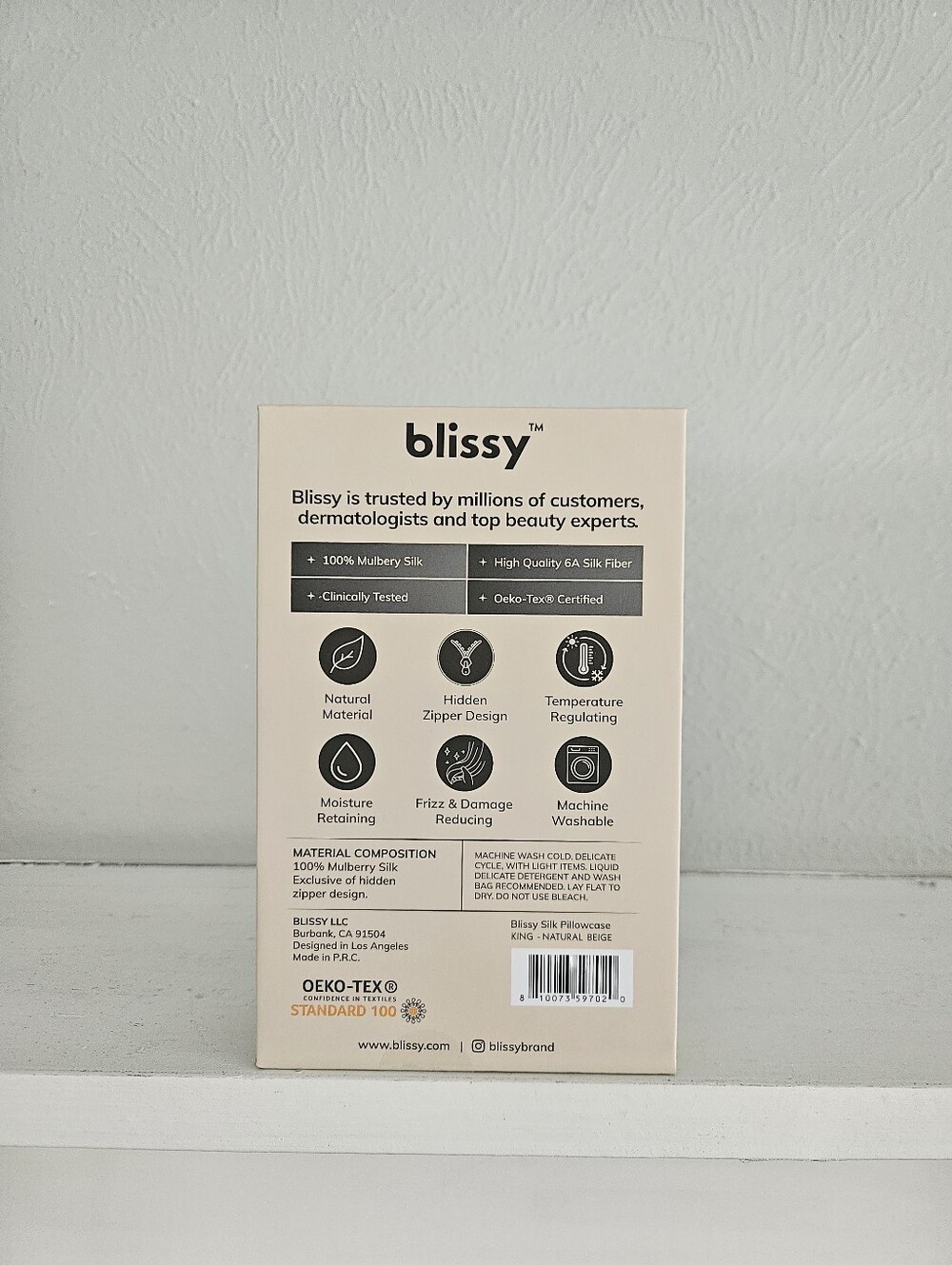 New In Box- Blissy 100% Pure Mulberry Silk Pillowcase- King - Picture 3 of 5